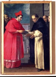 Ein Kardinal übergibt einem Dominikanerheiligen eine Bulle